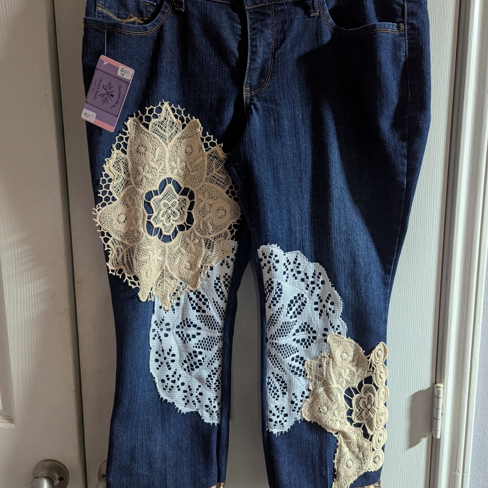 Women's Dark Blue Denim Jeans with Cream Lace Appliqué